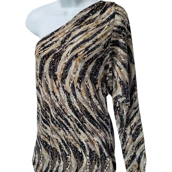 Sequin Embellished One Shoulder Mini Dress Juniors XL Ruched Sides Animal Print - Picture 2 of 11